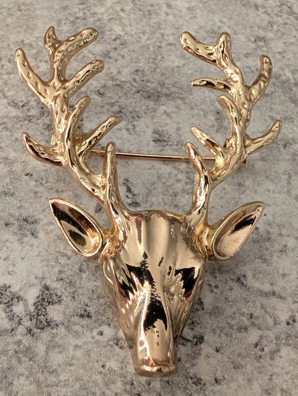 Statement Gold-tone Deer Head Brooch with Antlers
